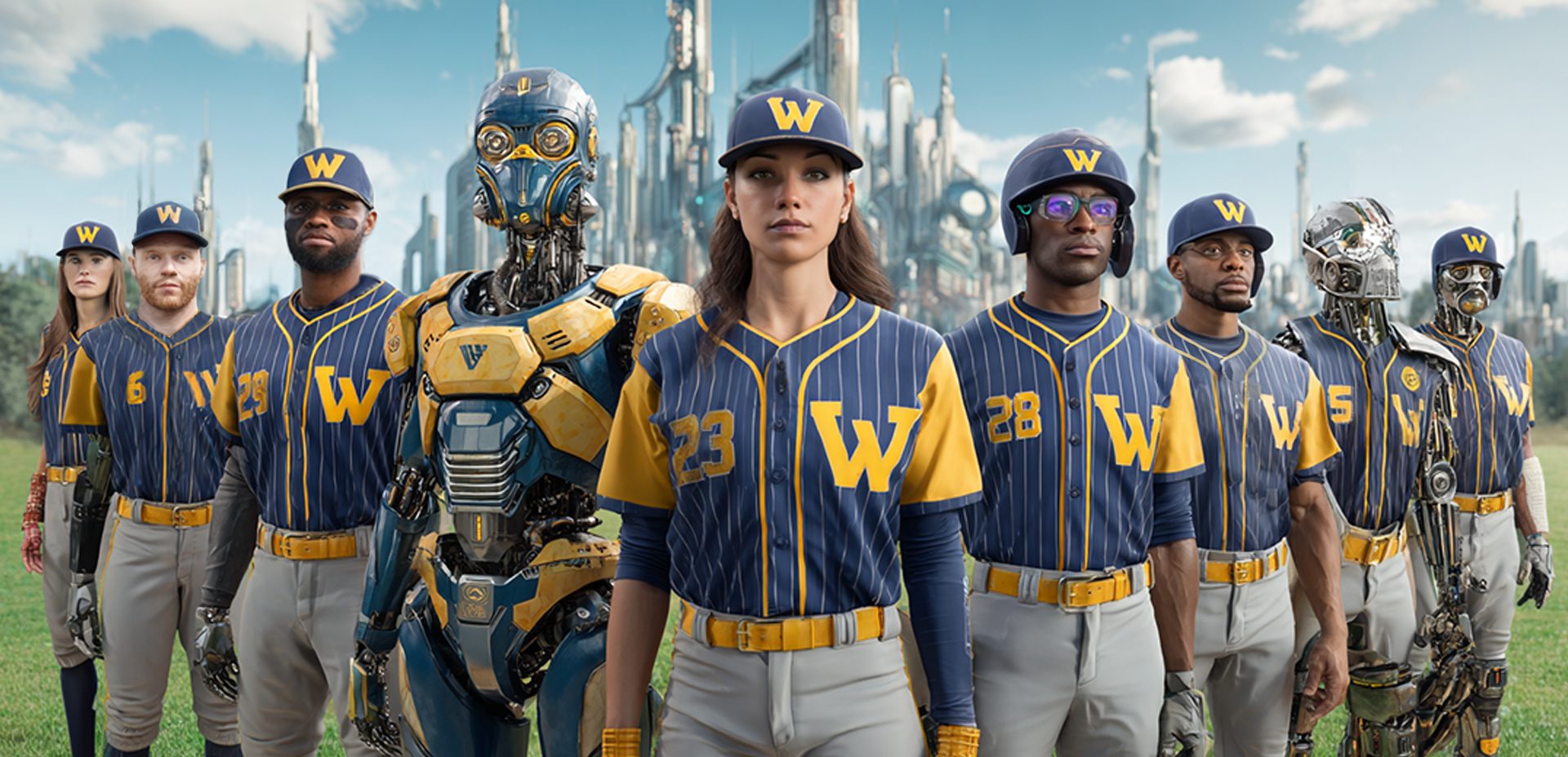 Baseball team made up of human and robot players. Wearing blue and gold with a W on the jersey.