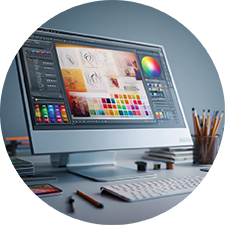 Computer monitor displaying graphic design elements.